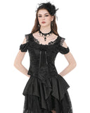 Dark In Love Womens Romantic Gothic Jaquard & Lace Rose Open Shoulder Top