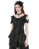 Dark In Love Womens Romantic Gothic Jaquard & Lace Rose Open Shoulder Top