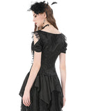 Dark In Love Womens Romantic Gothic Jaquard & Lace Rose Open Shoulder Top