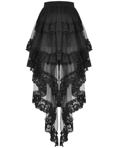 Dark In Love Womens Regency Gothic Courtesan Layered Mesh & Lace Hi-Low Skirt