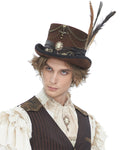 Devil Fashion Mens Steampunk Chained & Feathered Top Hat - Brown