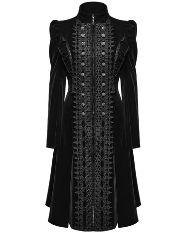 Punk Rave Womens Gothic Velvet Embellished Mid Length Military Coat - Black