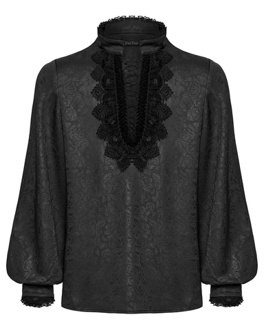 Punk Rave Mens Gothic Embossed Print Lace-Up Pirate Shirt - Black