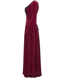 Punk Rave Womens Long Gothic Rose Velvet Flared Split Sleeve Maxi Dress - Red