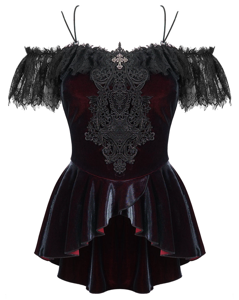 Devil Fashion Womens Gothic Lace Applique Off-Shoulder Top - Black & R Violent Delights Devil Fashion Womens Gothic Lace Applique Off-Shoulder Top - Black & R Violent Delights