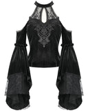 Dark In Love Womens Romantic Gothic Velvet & Lace Teardrop Cutout Blouse Top