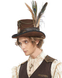 Devil Fashion Mens Steampunk Chained & Feathered Top Hat - Brown