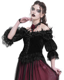Eva Lady Baroque Gothic Velvet Feathered Rose Embellished Blouse Top - Black