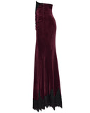 Punk Rave Daily Life Womens Long Gothic Velvet Ruched Split Waist Skirt - Red