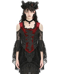 Dark In Love Womens Dark Elegant Gothic Velvet & Lace Applique Blouse Top - Red & Black