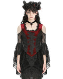 Dark In Love Womens Dark Elegant Gothic Velvet & Lace Applique Blouse Top - Red & Black