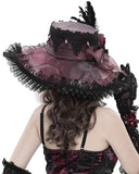 Devil Fashion Womens Baroque Gothic Rose Wide Brim Mourning Hat - Red & Black