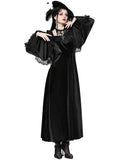 Dark In Love Long Gothic Velvet & Lace Applique Flared Sleeve Maxi Dress