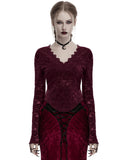 Punk Rave Womens Elegant Floral Lace V-Neck Top - Red