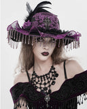 Eva Lady Womens Gothic Beaded & Feathered Wide Brim Mourning Hat - Black & Purple