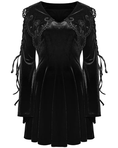 Punk Rave Womens Gothic Velvet Mini Dress With Oversize Embellished Collar - Black