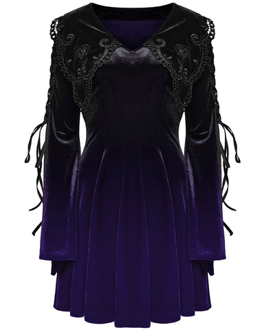 Punk Rave Womens Gothic Velvet Mini Dress With Oversize Embellished Collar - Purple & Black Gradient