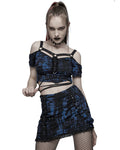 Punk Rave Womens Broken Knit Shredded Mesh Strapping Top - Black & Blue