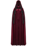 Punk Rave Womens Long Gothic Velvet & Lace Applique Hooded Cloak - Red & Black