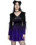 Punk Rave Womens Gothic Velvet Mini Dress With Oversize Embellished Collar - Purple & Black Gradient