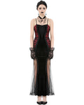 Dark In Love Womens Long Gothic Velvet & Mesh Mermaid Dress - Black & Red