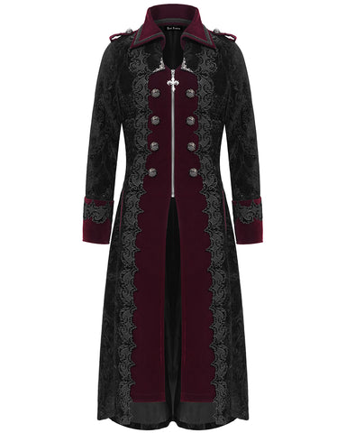 Devil Fashion Mens Long Gothic Victorian Damask Velvet Coat - Black & Red