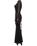 Punk Rave Womens Long Gothic Fitted Maxi Dress With Mesh Contrast - Red & Black