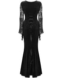 Punk Rave Womens Long Gothic Velvet & Lace Applique Maxi Dress - Black