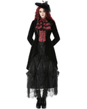 Dark In Love Womens Gothic Velvet & Jacquard Faux Two-Piece Tail Coat Frock Jacket - Black & Red