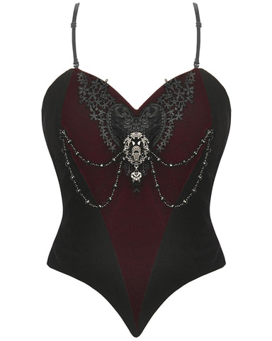 Dark In Love Womens Baroque Gothic Heart Velvet Corset Top - Red & Black