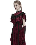 Punk Rave Daily Life Womens Long Gothic Crushed Velvet & Lace Bolero Cape - Red