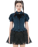 Dark In Love Womens Gothic Striped Puff-Sleeve Blouse Top & Bat Cravat - Blue