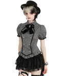 Dark In Love Dark Preppy Corporate Gothic Military Style Blouse Top - Grey & Black