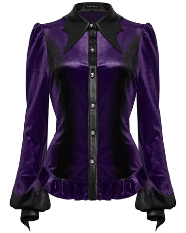Punk Rave Daily Life Gothic Gradient Velvet Bat Collar Blouse Top - Purple & Black