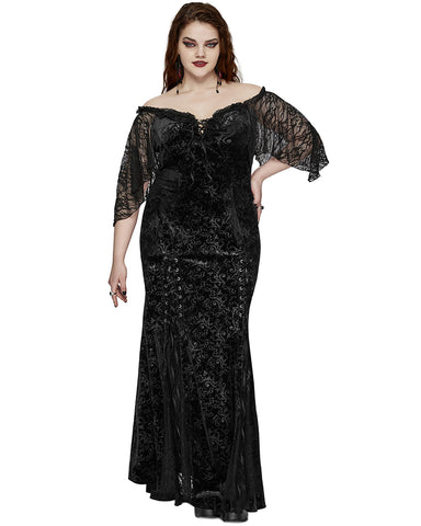 Punk Rave Plus Size Womens Gothic Embossed Velvet Off-Shoulder Maxi Dress - Black