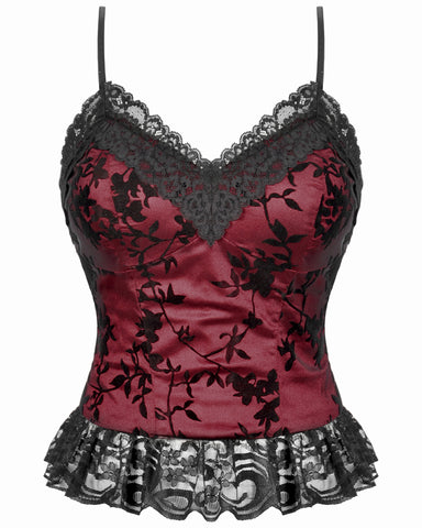 Dark In Love Womens Elegant Gothic Flocked Ivy Cami Corset Top - Red & Black