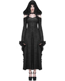 Eva Lady Long Gothic Damask Velvet Flocked Hooded Maxi Robe Dress