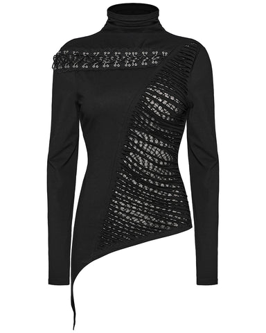 Punk Rave Daily Life Womens Asymmetric Apocalyptic Spliced Mesh Top