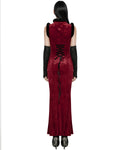 Punk Rave Womens Gothic Embossed Rose Velvet & Faux Fur Cheongsam Dress - Red