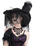 Eva Lady Womens Gothic Lolita Fringed Feather Rose Wide Brim Mourning Hat