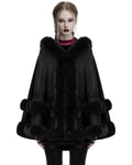 Punk Rave Daily Life Womens Plush & Faux Fur Hooded Winter Cloak - Black