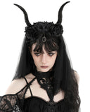 Dark In Love Womens Rose Embellished Horns & Mesh Train Fascinator Tiara