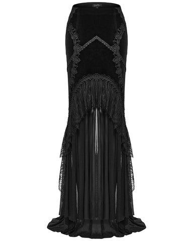 Punk Rave Womens Long Gothic Velvet, Lace & Mesh Fishtail Skirt