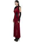 Punk Rave Womens Gothic Embossed Rose Velvet & Faux Fur Cheongsam Dress - Red