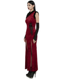 Punk Rave Womens Gothic Embossed Rose Velvet & Faux Fur Cheongsam Dress - Red