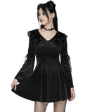 Punk Rave Womens Gothic Velvet Mini Dress With Oversize Embellished Collar - Black