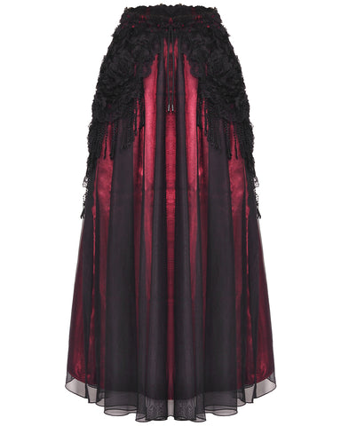 Dark In Love Gothic Petals Embellished Lace Layered Maxi Skirt - Red & Black