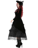 Dark In Love Womens Gothic Velvet & Jacquard Faux Two-Piece Tail Coat Frock Jacket - Black & Red