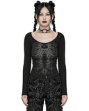 Punk Rave Womens Gothic Skull Print Laser Cut Spinal Ring Lonf Sleeve Top