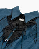 Dark In Love Womens Gothic Striped Puff-Sleeve Blouse Top & Bat Cravat - Blue